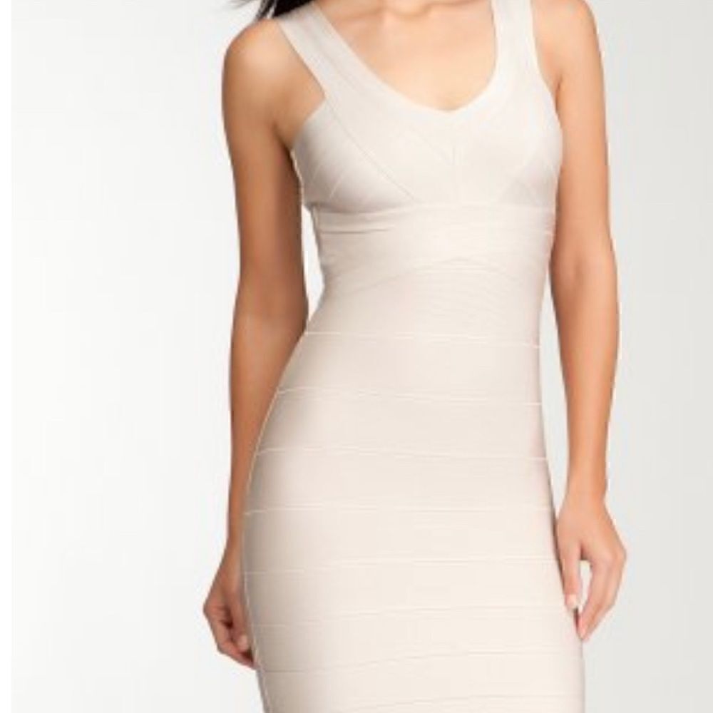 Bebe Double V-Neck Bandage Dress in Tapioca